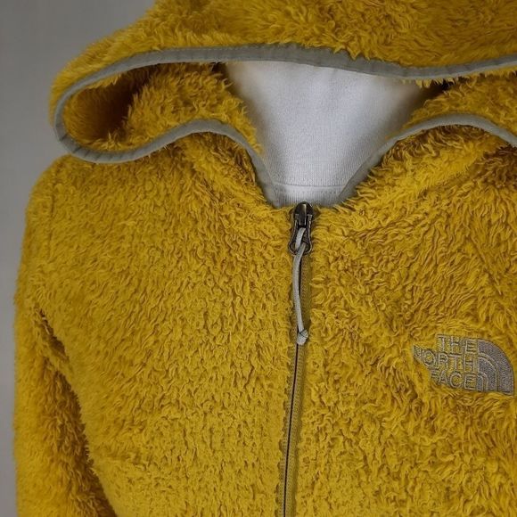 North Face hooded sweatshirt teddy bear fuzzy hoodie yellow gray half dome small - Picture 11 of 16